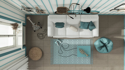 Scandinavian living room in white and blue tones, striped wallpaper, sofa, bicycle and musical...