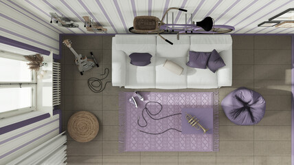 Scandinavian living room in white and purple tones, striped wallpaper, sofa, bicycle and musical instruments hanging on the wall, concrete tiles.Top view, plan, above. Interior design