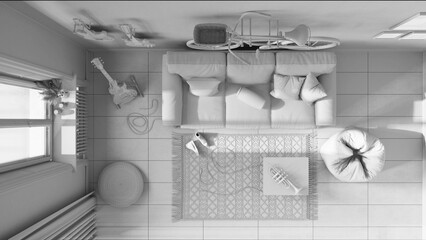 Total white project draft, scandinavian living room, striped wallpaper, sofa, bicycle, musical instruments hanging on the wall, concrete tiles.Top view, plan, above. Interior design