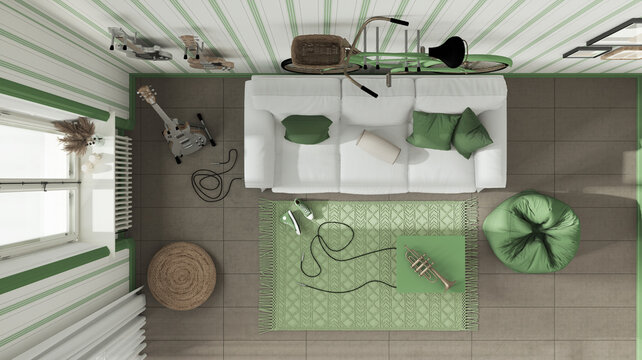 Scandinavian living room in white and green tones, striped wallpaper, sofa, bicycle and musical instruments hanging on the wall, concrete tiles.Top view, plan, above. Interior design
