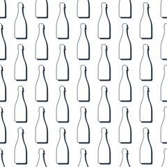 Champagne bottles seamless pattern. Line art style. Outline image. Black and white repeat template. Party drinks concept. Illustration on white background. Flat design style for any purposes