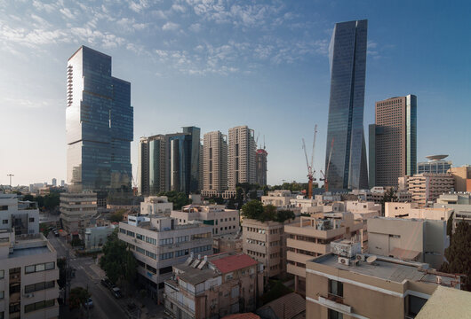 Tel Aviv Skyline: Modern Glass Skyscrapers And Dormitory Area