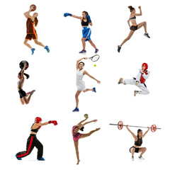 Collage of different professional sportsmen, fit people in action and motion isolated on white background. Concept of sport, achievements, competition, championship.