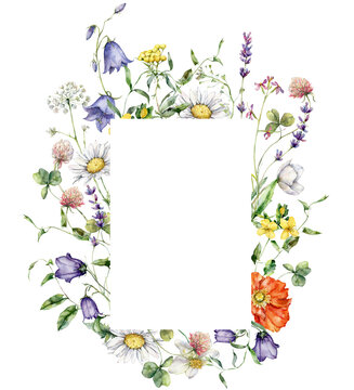 Watercolor meadow flowers vertical frame of poppy, chamomile, and campanula. Hand painted floral card of wildflowers isolated on white background. Holiday Illustration for design, print, background.