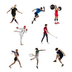 Collage of different professional sportsmen, fit people in action and motion isolated on white background. Concept of sport, achievements, competition, championship.