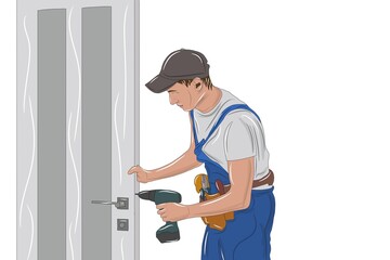 Professional locksmith repairing a door lock using professional tools. - obrazy, fototapety, plakaty