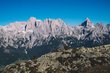 Fototapeta na wymiar Scenery nature landscape of high rock mountains. Peaceful atmosphere and ideal environment for travel. Beautiful Dolomites peaks view from observation viewpoint