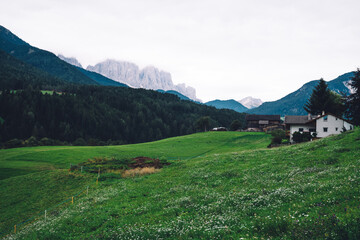 Fototapeta na wymiar Scenery nature landscape of mountains surrounded by green meadows. Peaceful atmosphere and ideal environment for relaxation. Beautiful Dolomites on background