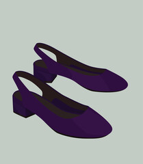 Vector flat women's summer shoes with a closed front. Purple sandals with small heels. Design for postcards, avatars, posters, backgrounds, templates, textiles.