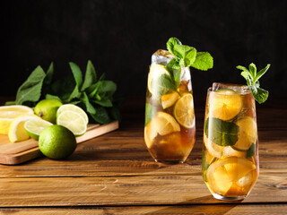 Refreshing ice tea with lemon, lime and peppermint. Copy space.