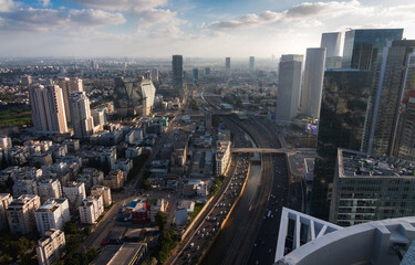Tel Aviv city aerial view above: Ayalon river and modern skyscrapers