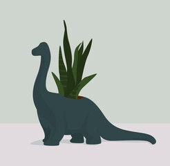 On a gray background, a pot with a green home plant. Vector flat image of a plant in a blue dinosaur pot. Design for postcards, posters, backgrounds, templates, textiles.