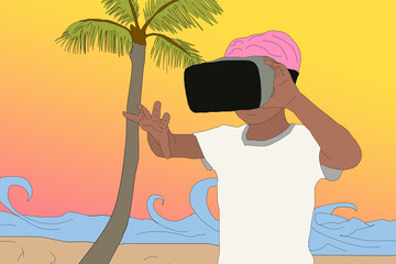 Happy kid on the beach in VR glasses. Cartoon character traveling through palm trees with virtual reality headset.