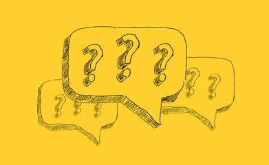 Hand drawn question marks in speech bubbles on yellow background. Ask for help. FAQ concept. Asking questions.