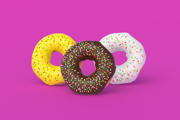 Glazed donuts on pink background. Homemade bakery. Break time. Sweet dessert. Fast food. 3d render