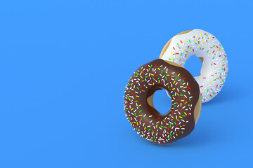 Two different donuts on blue background. Homemade bakery. Break time. Sweet dessert. Fast food. Copy space. 3d render