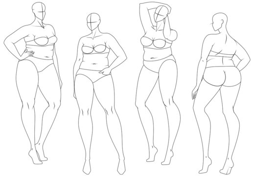 Plus Size 10 Heads Fashion Figure Templates. Exaggerated Croquis for Fashion Design and Illustration. Vector Illustration