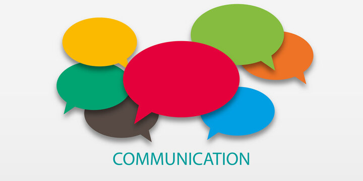 Vector illustration of communication concept. Word communication with colorful dialog speech bubbles. Paper cut style on white isolated background. Community concept