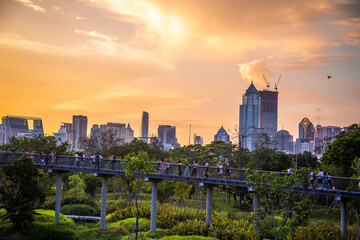 Naklejka premium Benjakitti Park or Benchakitti forest park new design walkway in central Bangkok, Thailand