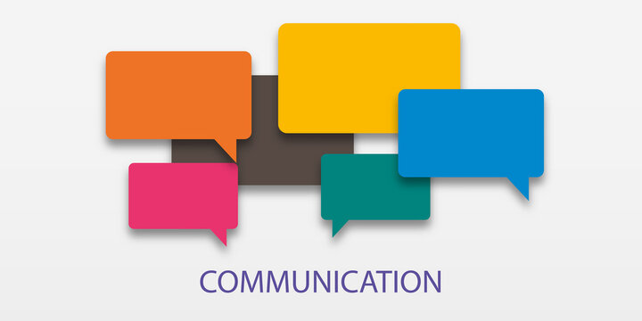 Vector illustration of communication concept. Word communication with colorful dialog speech bubbles. Paper cut style on white isolated background. Community concept