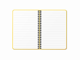 Yellow open notebook with vertical spiral. Blank sheets in a line. Vector illustration on a white isolated background. Realistic 3D mock up.
