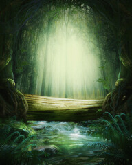 Fantasie Märchenhafte Waldlichtung mit Bach und geheimnisvollem Licht