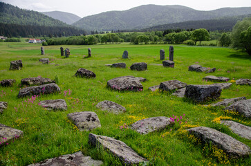 The old medieval necropolis called Stecci in Central Bosnia. Medieval tombstone called Stecak near...