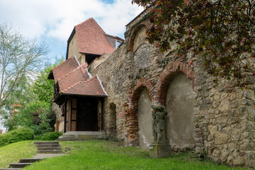 Fototapeta premium Medieval city wall with defense tower in Gera, Thuringia, Germany