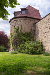 Fototapeta na wymiar Medieval city wall with defense tower in Gera, Thuringia, Germany