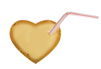 Batido de vainilla con forma de corazón con pajita. Vanilla milkshake in the shape of a heart with...