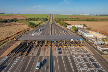 Ribeirão Preto, São Paulo / Brazil - Circa June 2022: Highway toll plaza and speed limit with...