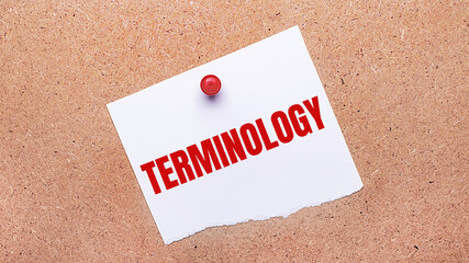 White paper with the text TERMINOLOGY is attached to the wooden background with a red button.