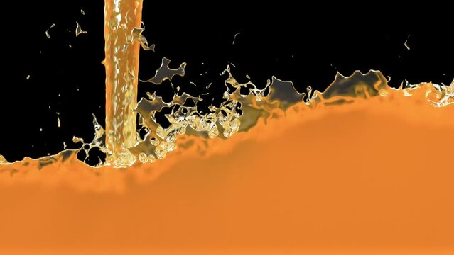 Orange Liquid like fruit juice filling all the screen in Slow Motion on Black