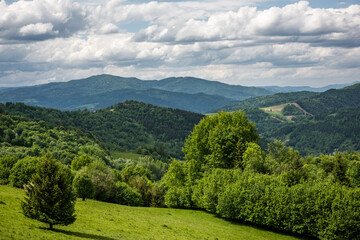 Fototapeta na wymiar Panoramic view on Pieniny Mountains range and High Tatras from Palenica in Szczawnica, Poland