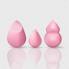 Set of three pink cosmetic sponges different shapes. 3d rendering vector beauty blenders isolated on transparent background. Template of makeup tools for blending foundation, concealer, blush, etc. 