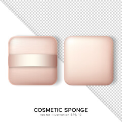 Set of square beige powder puffs isolated on white and transparent background. Realistic mockup of makeup sponges for compact powder, foundation cushion. Vector cosmetic items template