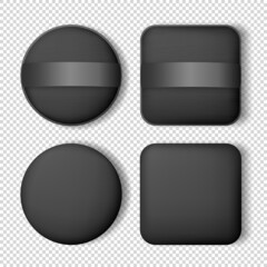 Collection of 4 square and circle black powder puffs template. Realistic makeup sponges for compact powder, foundation cushion. Template of cosmetic items isolated on transparent background