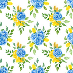 Fototapeta na wymiar Seamless pattern with bouquets of blue and yellow flowers. Backgrounds and wallpapers for invitations, cards, fabrics, packaging, textiles, posters. Watercolor illustration. 