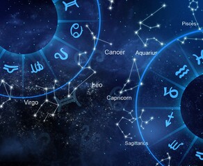 The twelve signs of the zodiac are randomly placed against the background of the cosmos, the universe. Astrology, Esotericism, secrets of the universe. - obrazy, fototapety, plakaty