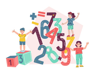 Kids math classes and school arithmetic lessons banner, flat vector isolated on white background. Children studying mathematic and playing logic games. Early education and childhood program.