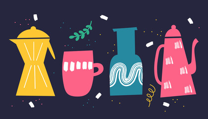 Set of different bright dishes in doodle style. Vector illustration.