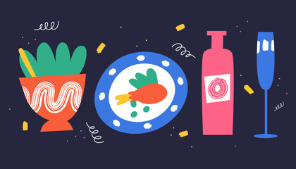 Set of different ceramic dishes in doodle style. Vector illustration.