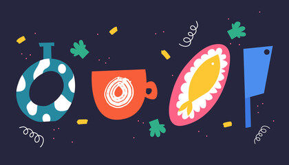 A set of bright dishes. Vase, mug, plate. Vector illustration in cartoon style.