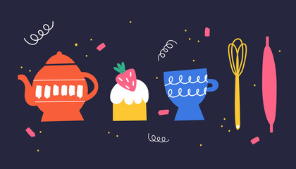 A set of beautiful dishes in doodle style. Vector illustration.