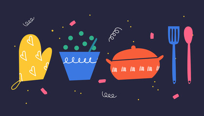 A set of bright abstract tableware in doodle style. Vector illustration.