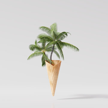 Creative idea summer concept. ice cream palm tree on white background. 3d rendering