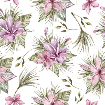 Watercolor tropical floral bouquet seamless pattern for fabric, print, textile design, scrapbook paper, wrapping paper, wallpaper
