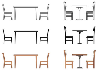 Dinner and Café Table with Chairs Clipart Set - Outline, Silhouette and Color