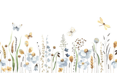 Fototapety  Floral seamless horizontal border with abstract blue flowers, plants, grasses and flying butterflies and dragonfly. Watercolor pattern on a white background, summer meadow panoramic illustration.