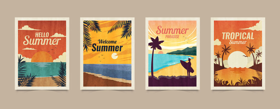 Summer tropical cards. Vacation posters in retro style. Backgrounds with summer tropical leaves, landscapes, sunsets and nature graphics